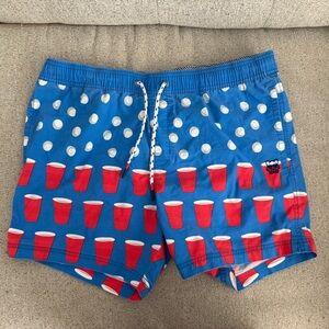 Party Pants Blue and Red Swim Shorts with Cup Pattern